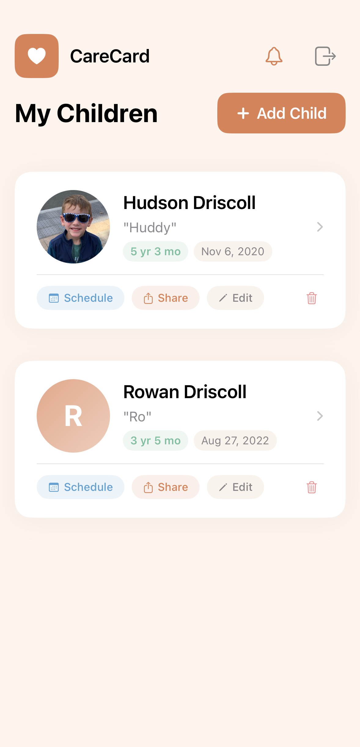 CareCard — My Children view showing child profiles