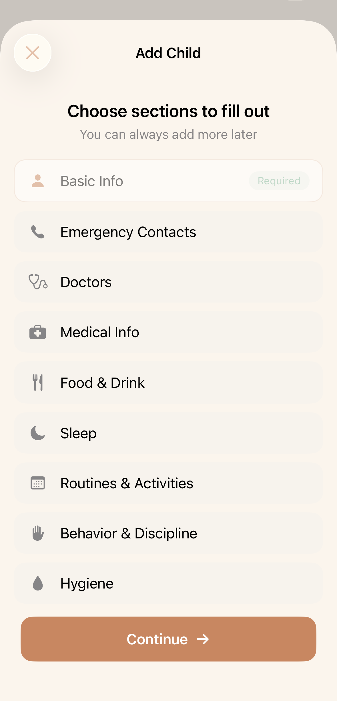 Add Child — choose sections to fill out