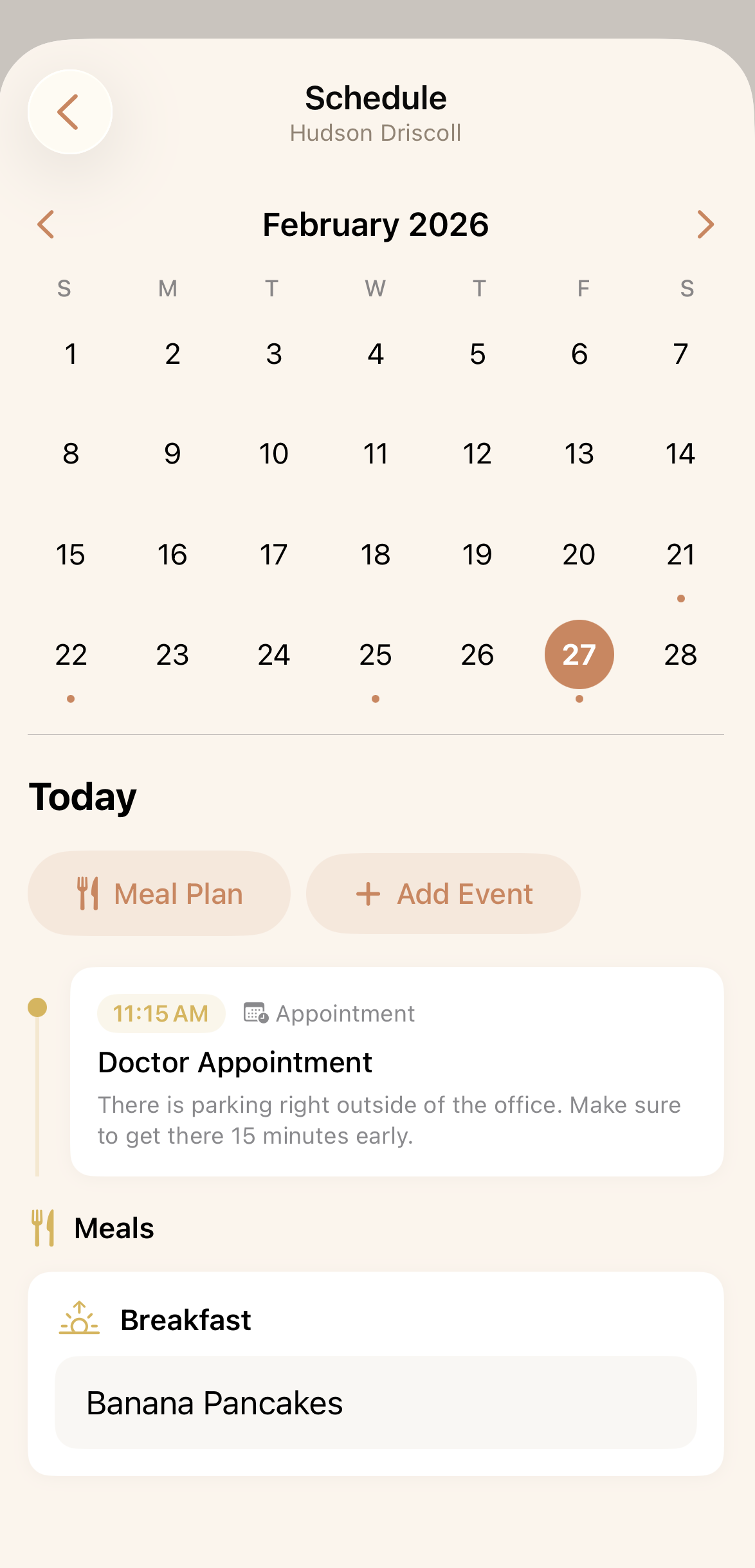 CareCard — Schedule view with calendar and meal planning