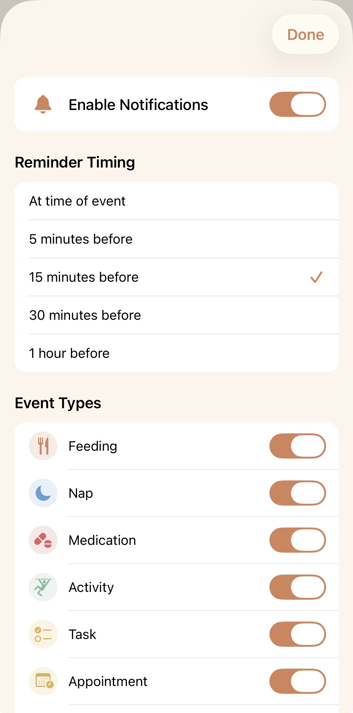 Smart Notifications — customizable reminders for every event type